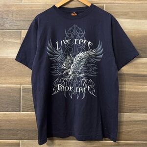 Vintage Y2K 2000s Cross Eagle Biker Navy T Shirt Size Medium Goth Style Rave